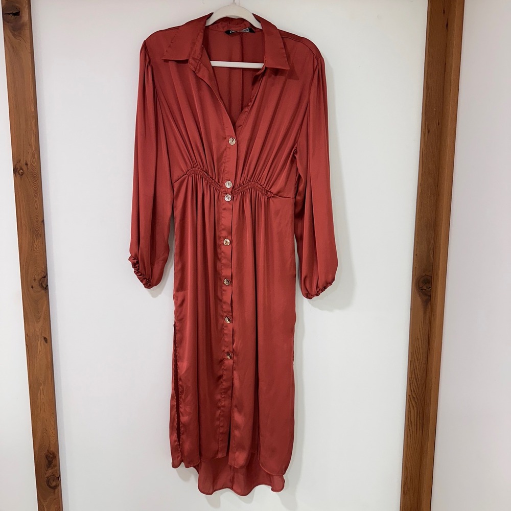 Zara Satin Button Down Midi Dress Women S Rust Orange Long‎ Sleeve | Chic Boho